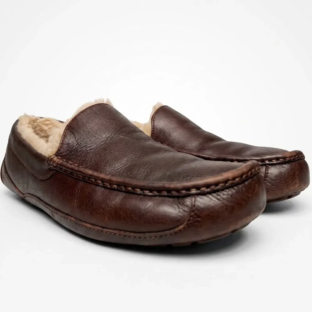 UGG Ascot Brown Leather Sheepskin Lined Slippers Men's 12 Moc Toe Loafers Winter